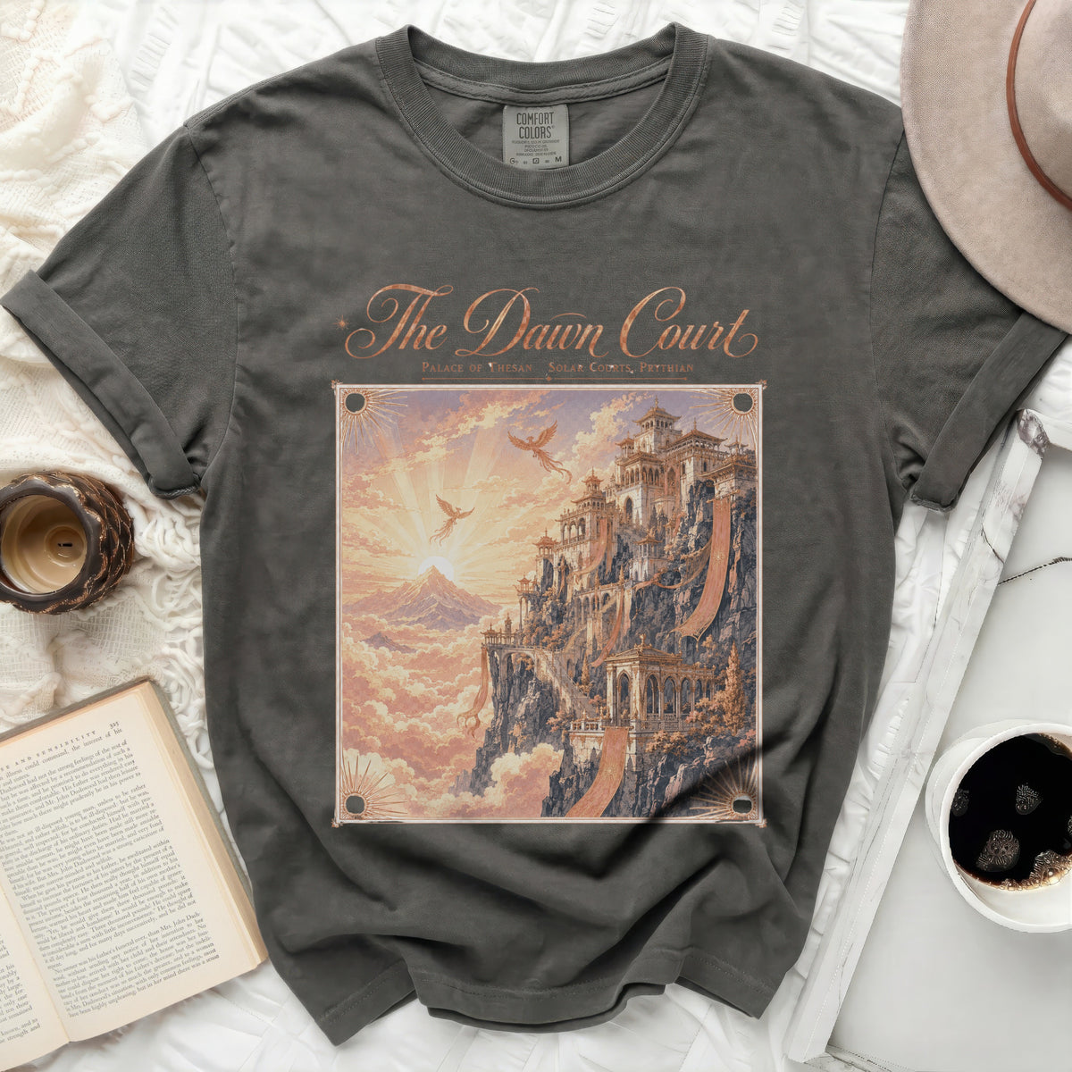Grey t-shirt with "The Dawn Court" graphic of a celestial palace.