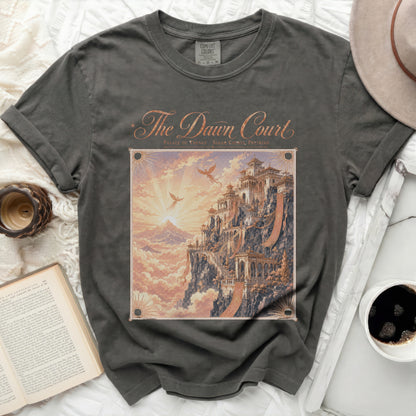 Grey t-shirt with "The Dawn Court" graphic of a celestial palace.