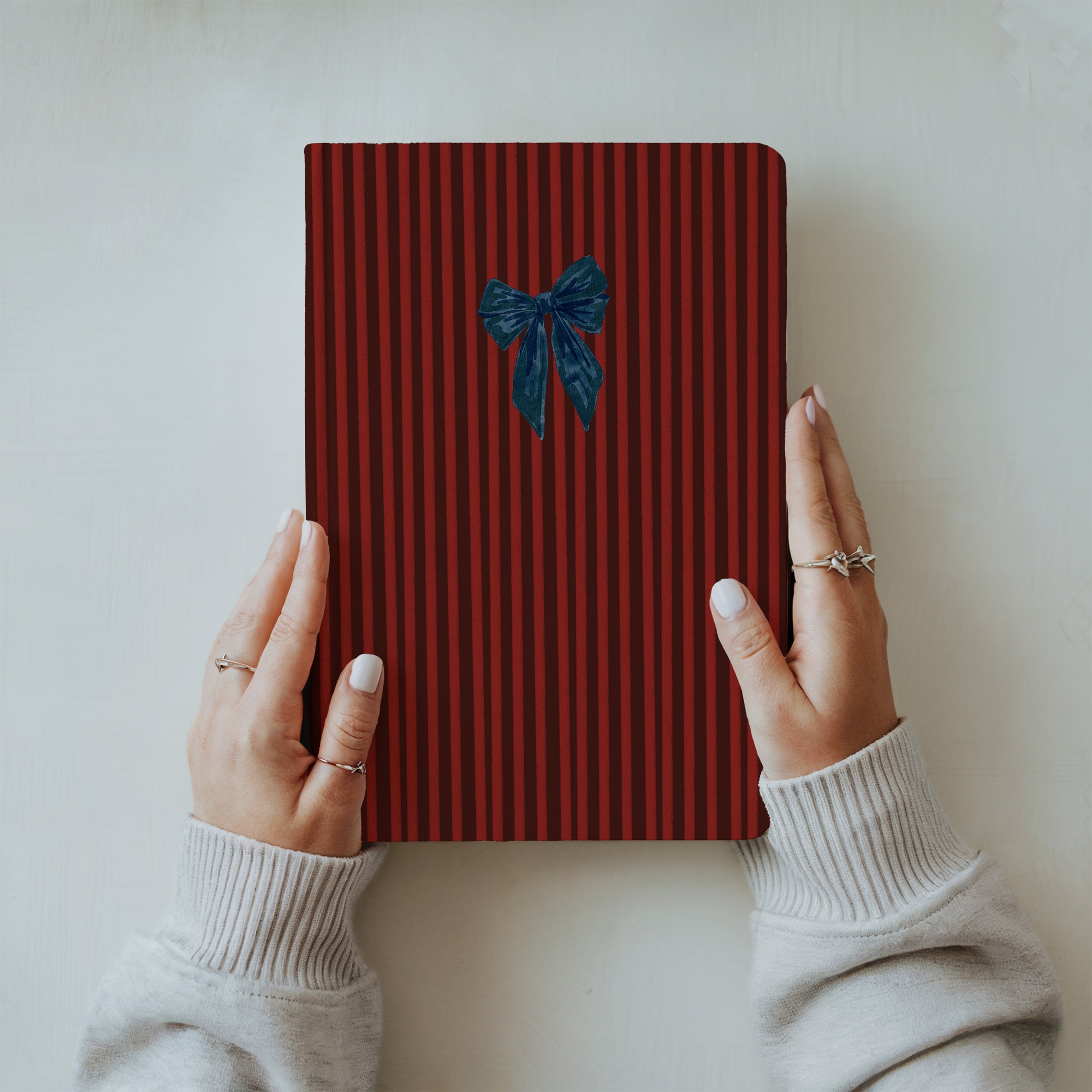 Red Striped Notebook with Blue Bow Embellishment