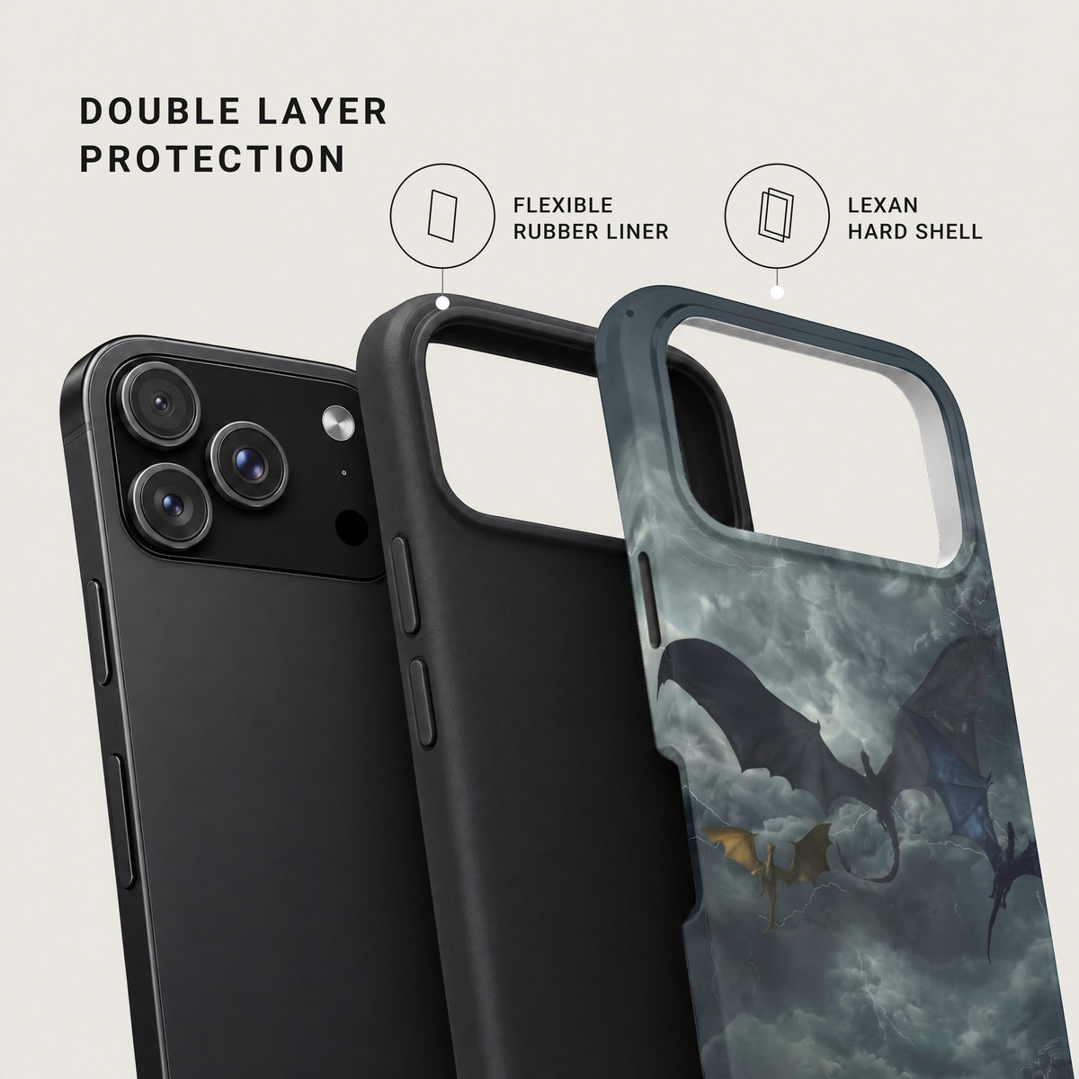 A smartphone shown with a double layer case, featuring a flexible rubber liner and Lexan hard shell.