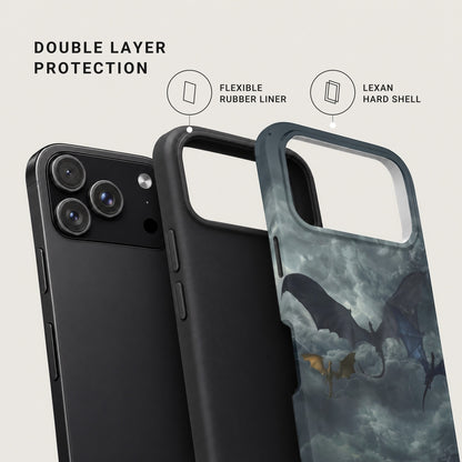 A smartphone shown with a double layer case, featuring a flexible rubber liner and Lexan hard shell.