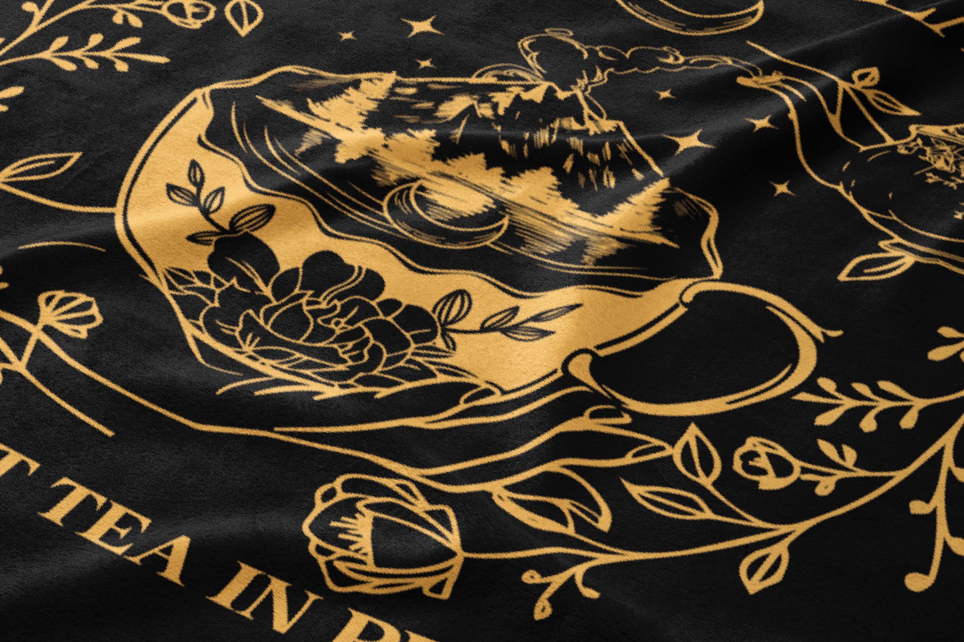 Black Blanket with Golden Illustrated Designs