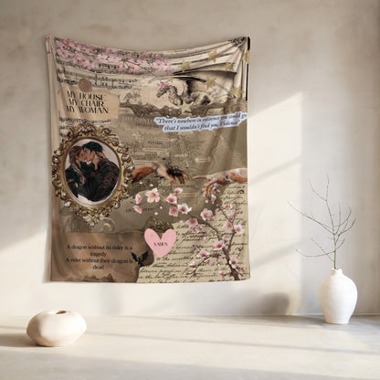 Tapestry with dragon, couple kissing, map, and quote "There's nowhere in existence you could go that I wouldn't find you, Violence."