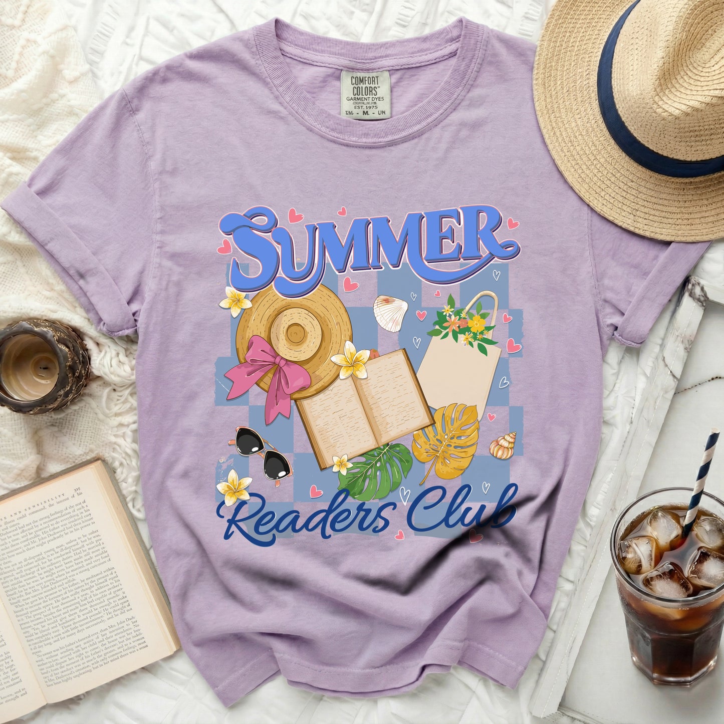 Purple t-shirt with "SUMMER Readers Club" graphic and summer beach elements.