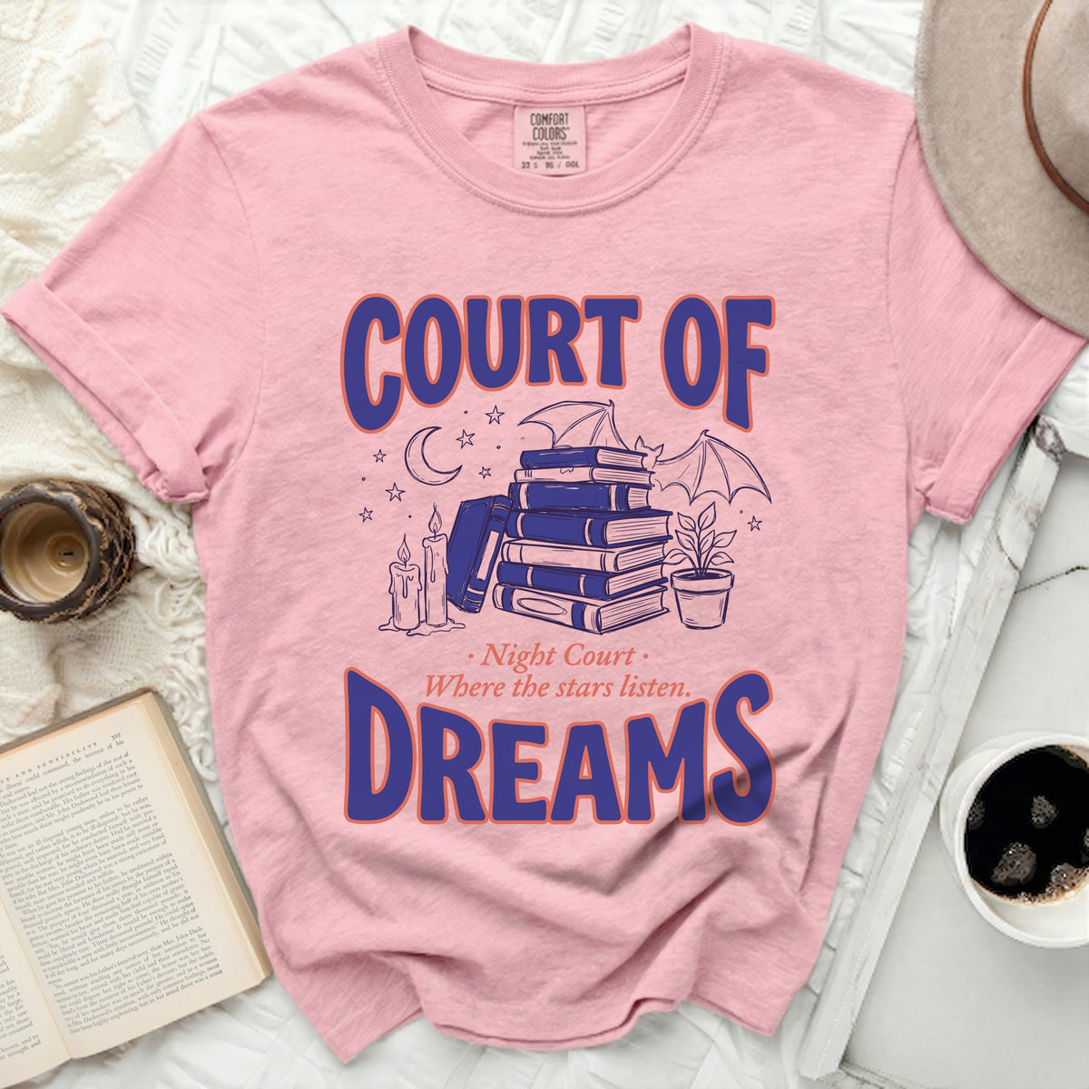 Pink t-shirt with "Court of Dreams" and "Night Court Where the stars listen" text.