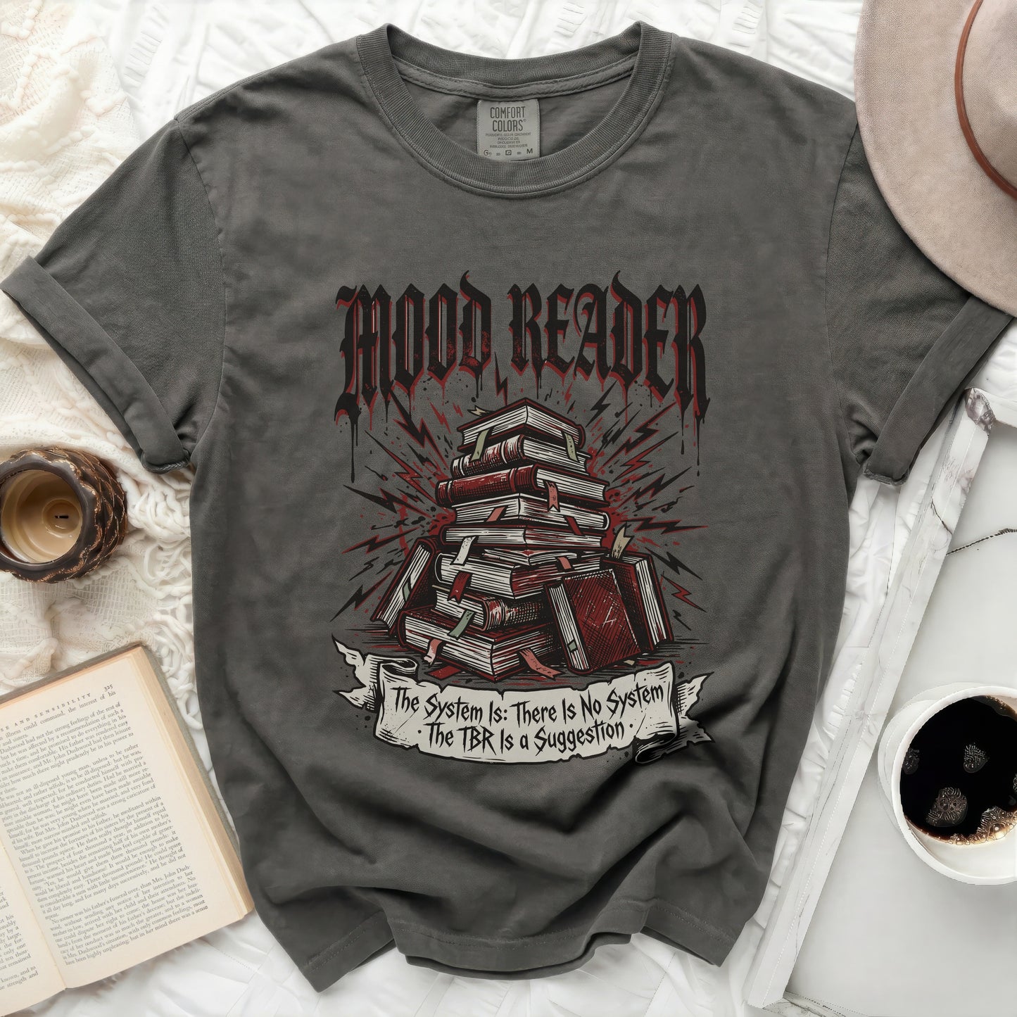 Dark gray t-shirt with "Mood Reader" and stacked books graphic.