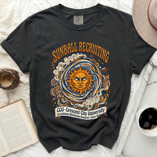 Black t-shirt with "Sunball Recruiting" graphic and "CCU - Crescent City University" text.
