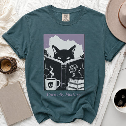 Teal t-shirt with black cat reading "How to Summon Snacks".