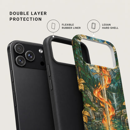 An exploded view of a smartphone case showing a flexible rubber liner and a decorative Lexan hard shell.