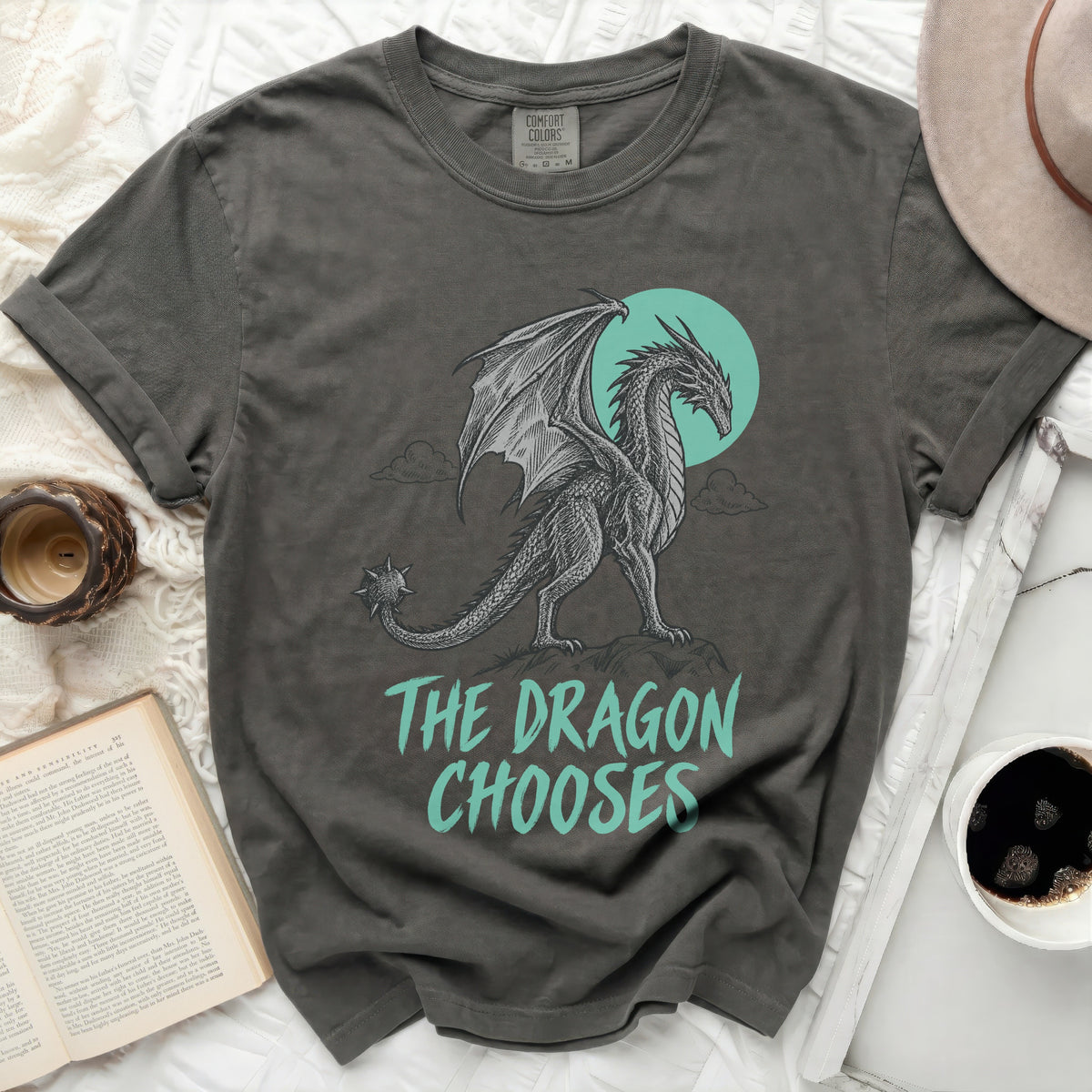 Dark grey t-shirt with a dragon graphic and text "THE DRAGON CHOOSES".