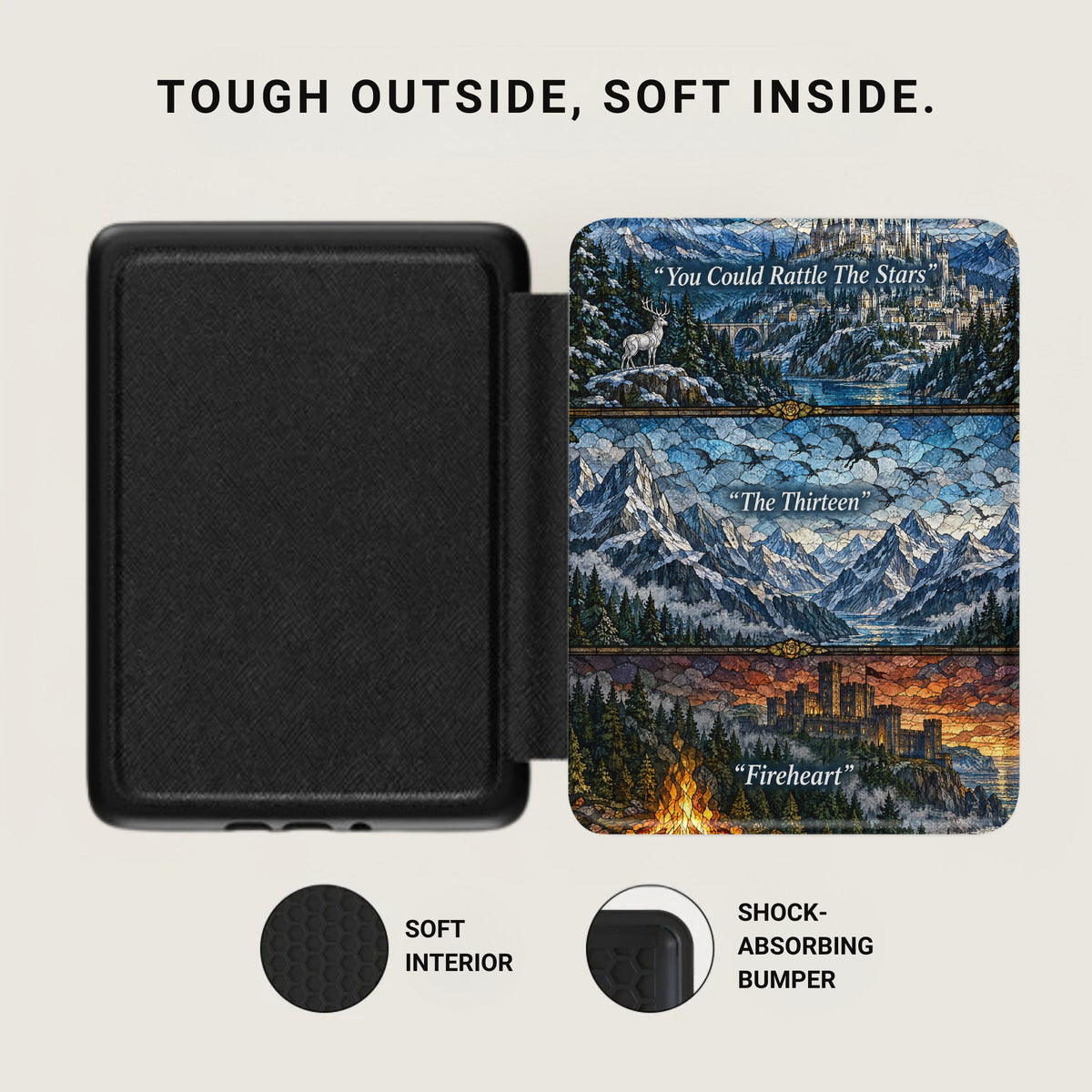 Black e-reader case with a colorful stained-glass style fantasy artwork cover, featuring a soft interior and shock-absorbing bumper.