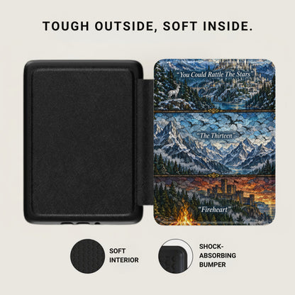 Black e-reader case with a colorful stained-glass style fantasy artwork cover, featuring a soft interior and shock-absorbing bumper.