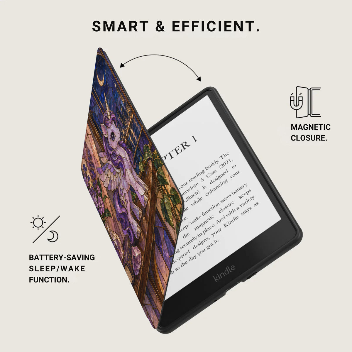 Kindle with a unicorn stained glass cover and text about magnetic closure.