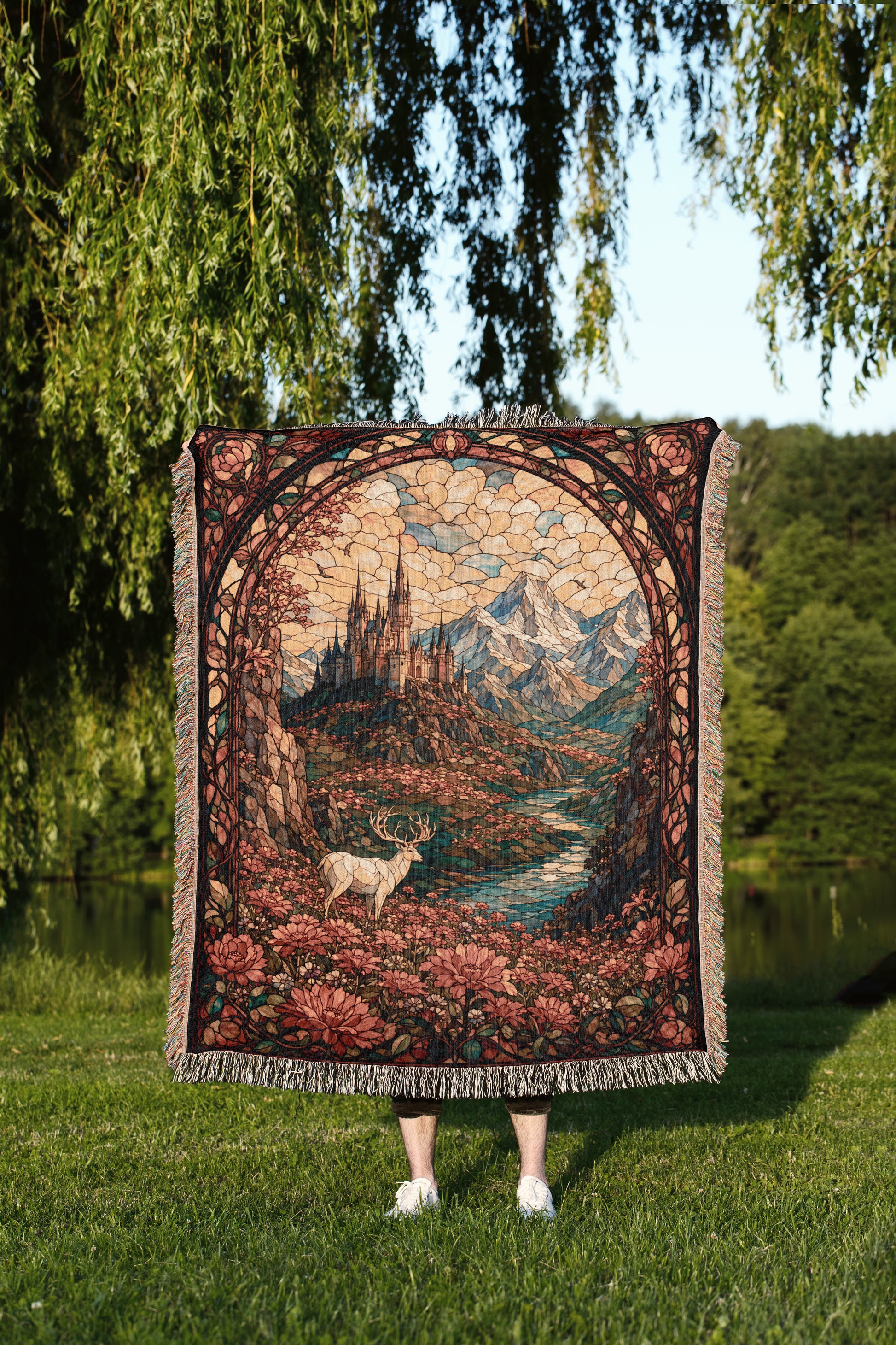 A person is standing in a grassy area, holding a large, ornate tapestry or blanket that features a castle, mountains, and a deer.