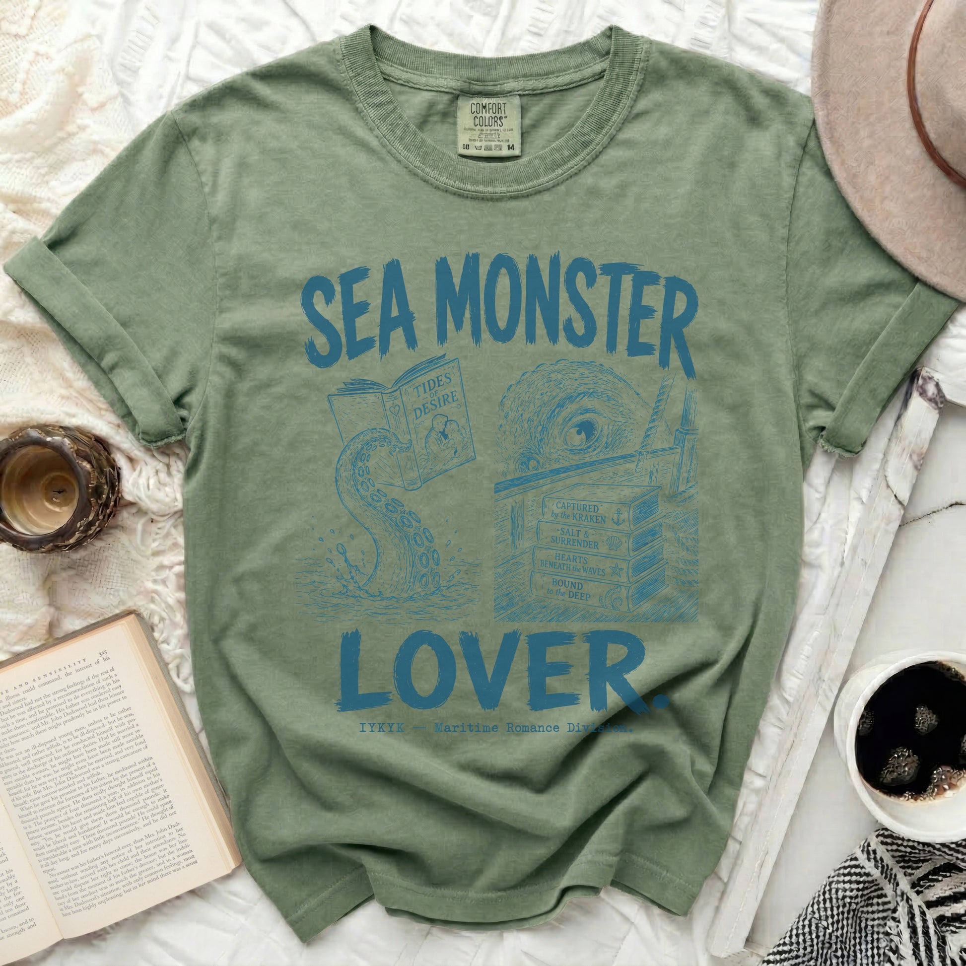 Olive green t-shirt with "Sea Monster Lover" text and nautical illustrations.