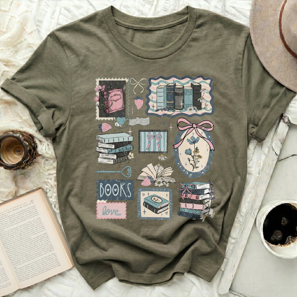Whimsical Books Tee in Military Green