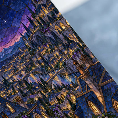 Stained glass art depicts a fantasy castle city with a starry purple sky.