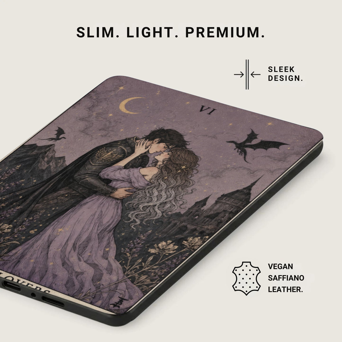 Phone case with a tarot-inspired illustration of lovers, moon, and dragons