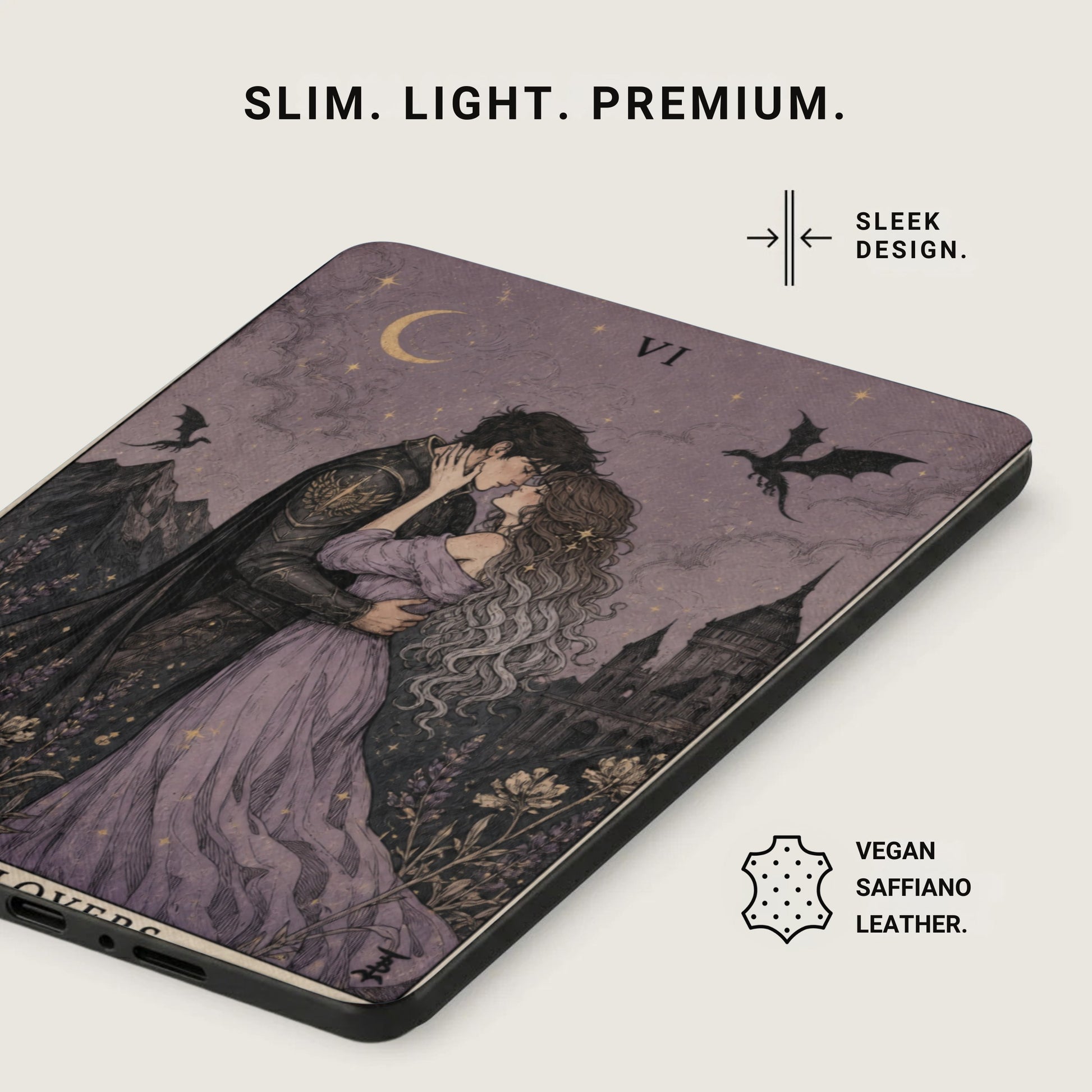 Phone case with a tarot-inspired illustration of lovers, moon, and dragons