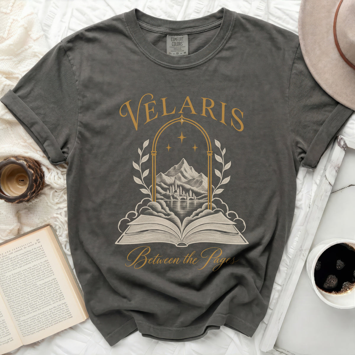Charcoal t-shirt with "Velaris Between the Pages" text and castle design.