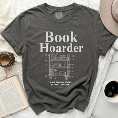 Gray t-shirt with "Book Hoarder" and a patent drawing of a bookshelf cart.