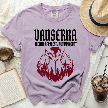 Lavender t-shirt with black text "VANSERRA THE HEIR APPARENT / AUTUMN COURT" and maroon armor graphic.