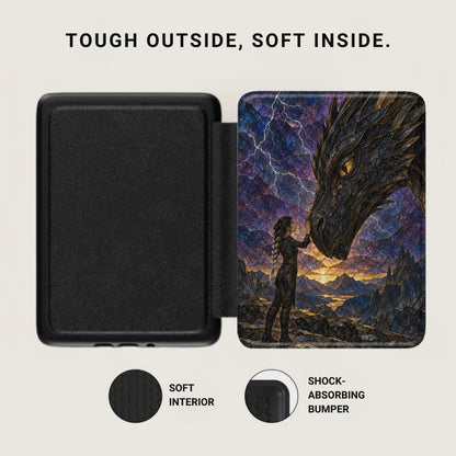 Black case with fantasy dragon art, showing soft interior and shock-absorbing bumper.