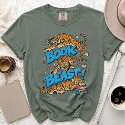 Green t-shirt with three tigers and "BOOK BEAST!" text.