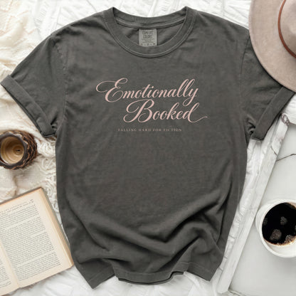 Comfort Colors grey t-shirt with "Emotionally Booked" and "Falling Hard for Fiction" text.