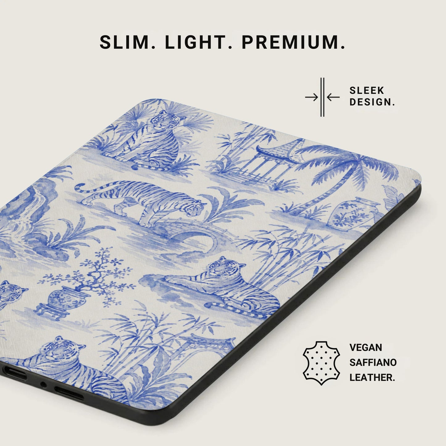 Phone case with blue and white tiger and landscape toile pattern.