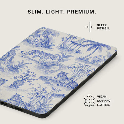 Phone case with blue and white tiger and landscape toile pattern.
