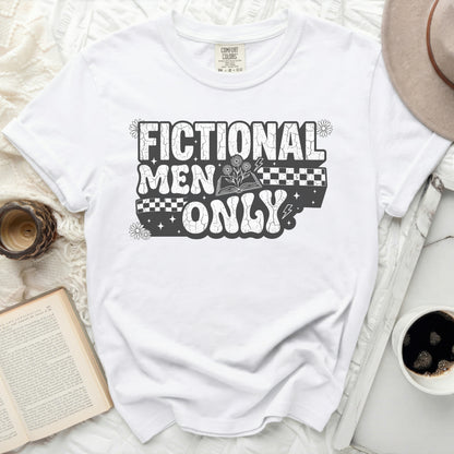 White t-shirt with "Fictional Men Only" graphic and open book.