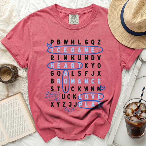 Ice Game Love & Goals Word Search Tee in Crunchberry