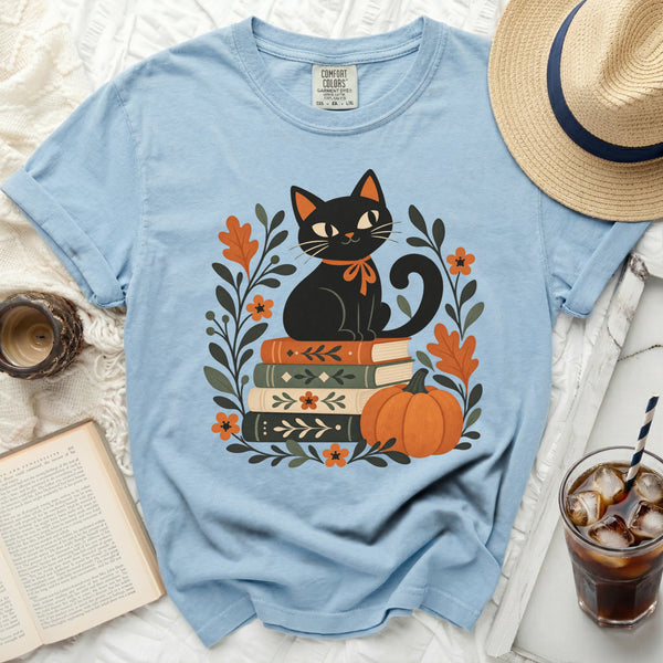 Cozy Bookish Cat Tee in Chambray