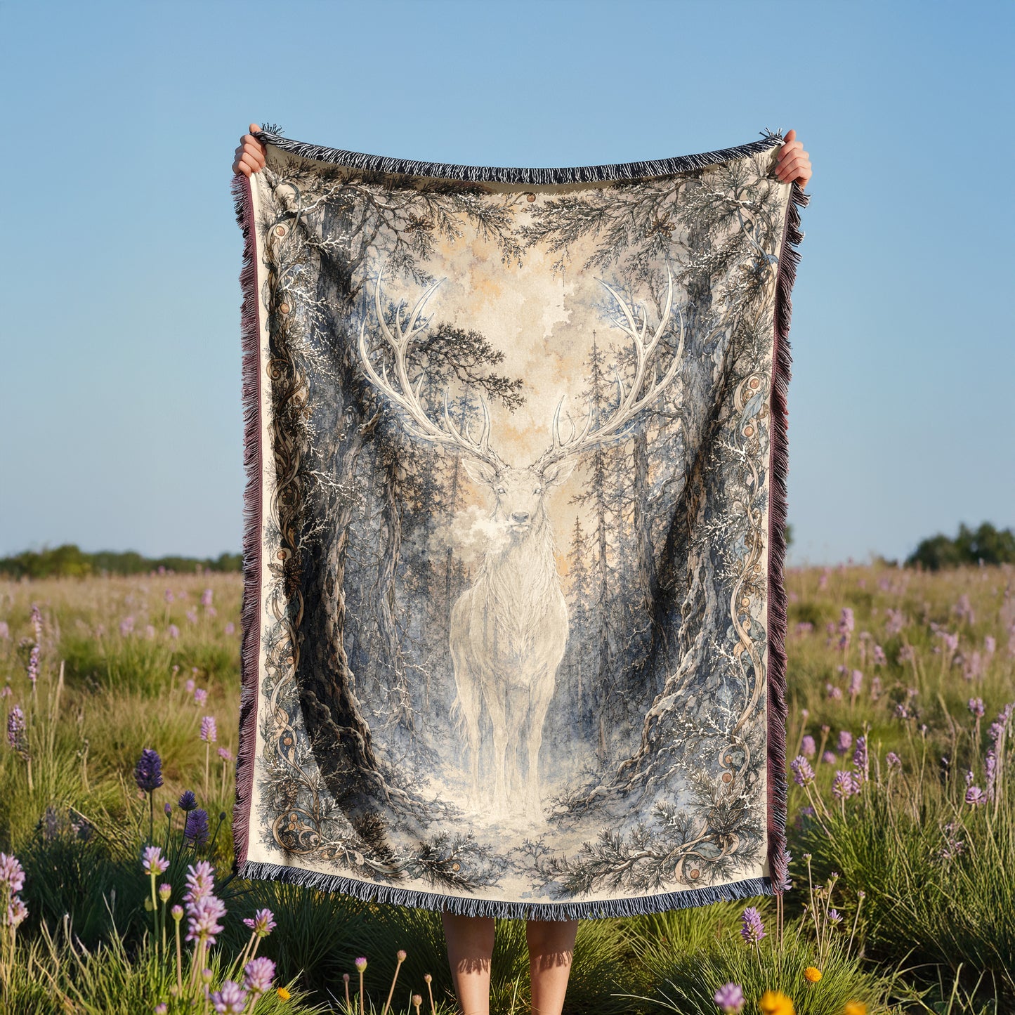 A person holds up a large blanket with a deer image on it, standing in a field with purple flowers.