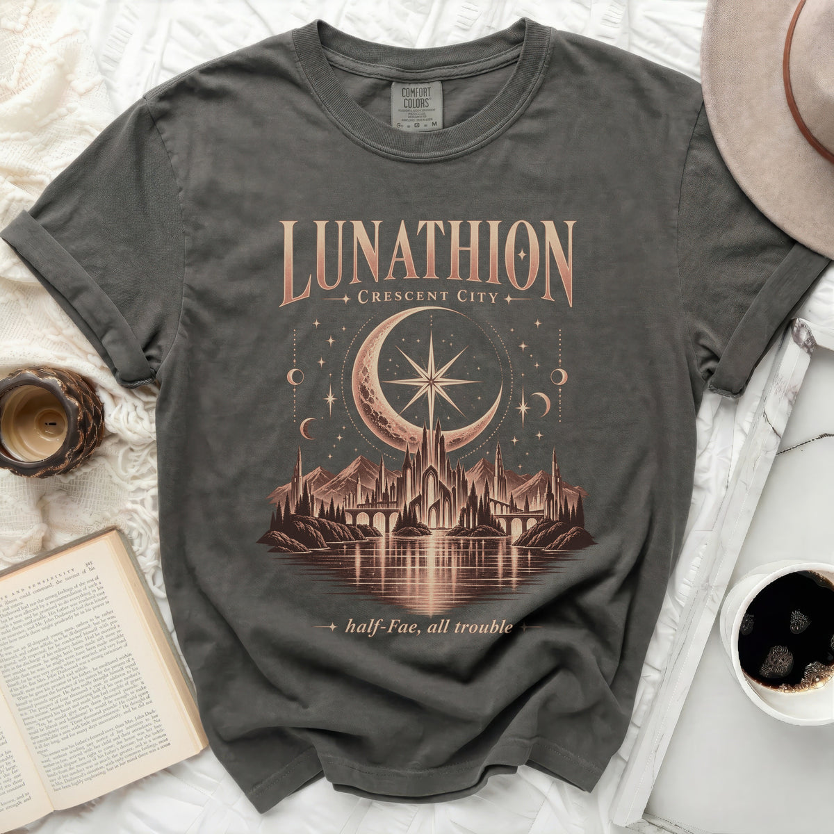 Dark grey t-shirt with "Lunathion Crescent City" text and fantastical city design.
