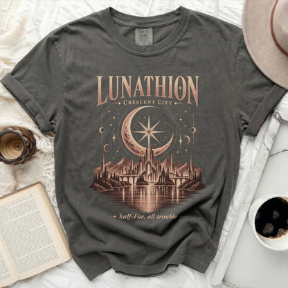 Dark grey t-shirt with "Lunathion Crescent City" text and fantastical city design.