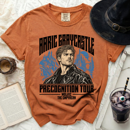 Orange t-shirt with "ARIC GRAYCASTLE PRECOGNITION TOUR MOLVIC THE EMPYREAN" graphic.