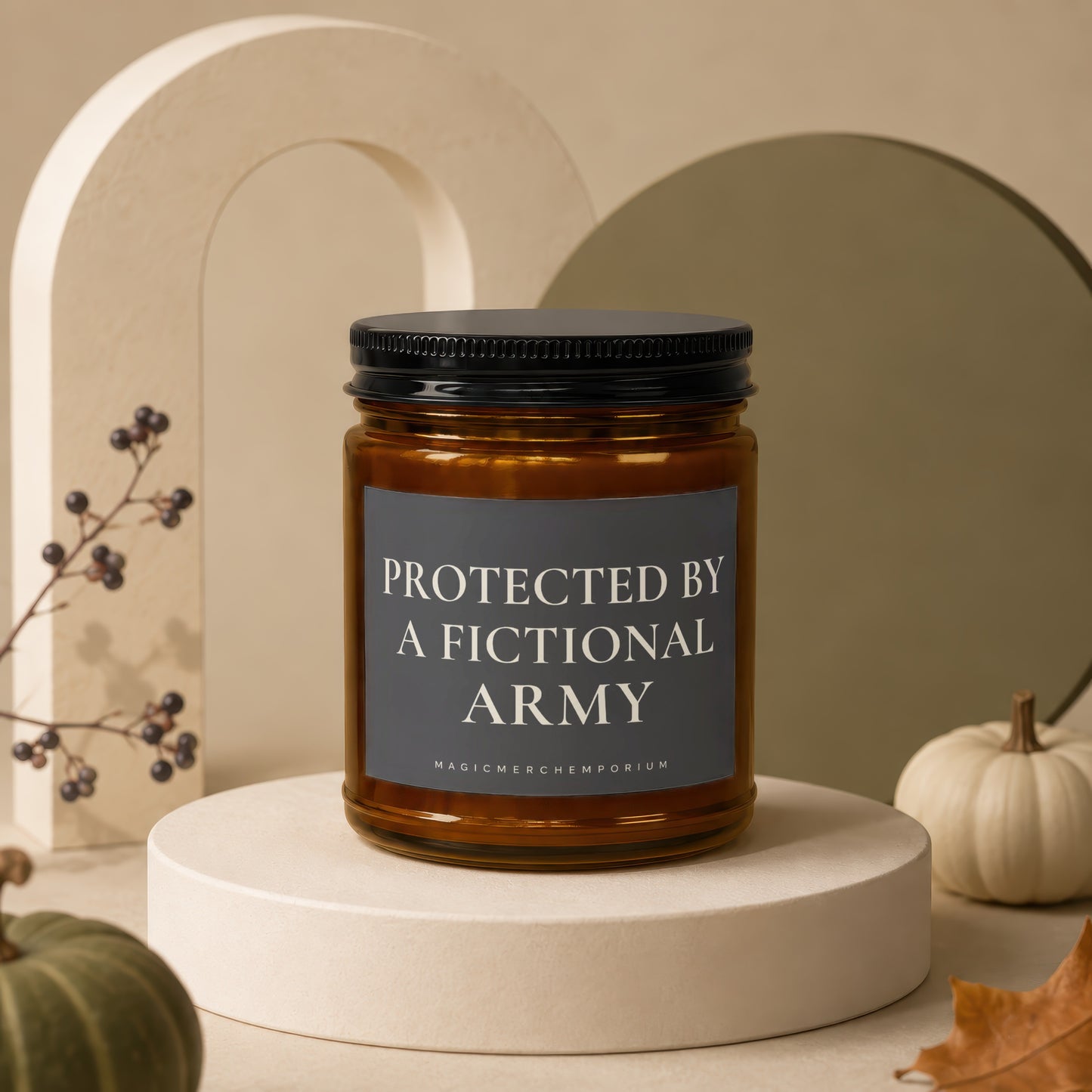 Amber glass candle with "Protected By A Fictional Army" text on label.