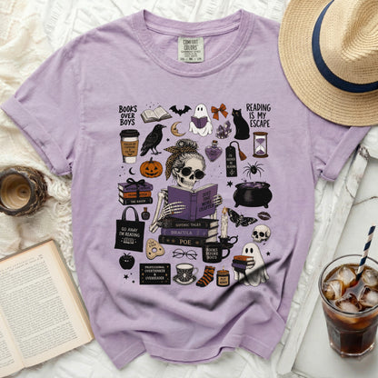 Purple Comfort Colors t-shirt with Halloween-themed reading graphics.