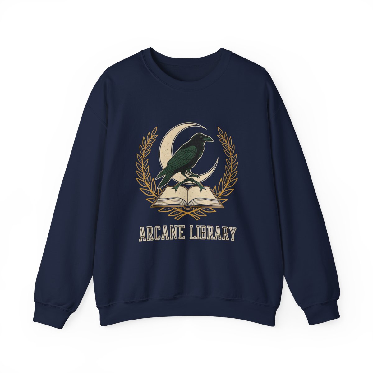 Arcane Library Raven Sweatshirt with Moon and Book Graphic