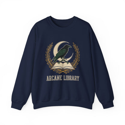 Arcane Library Raven Sweatshirt with Moon and Book Graphic
