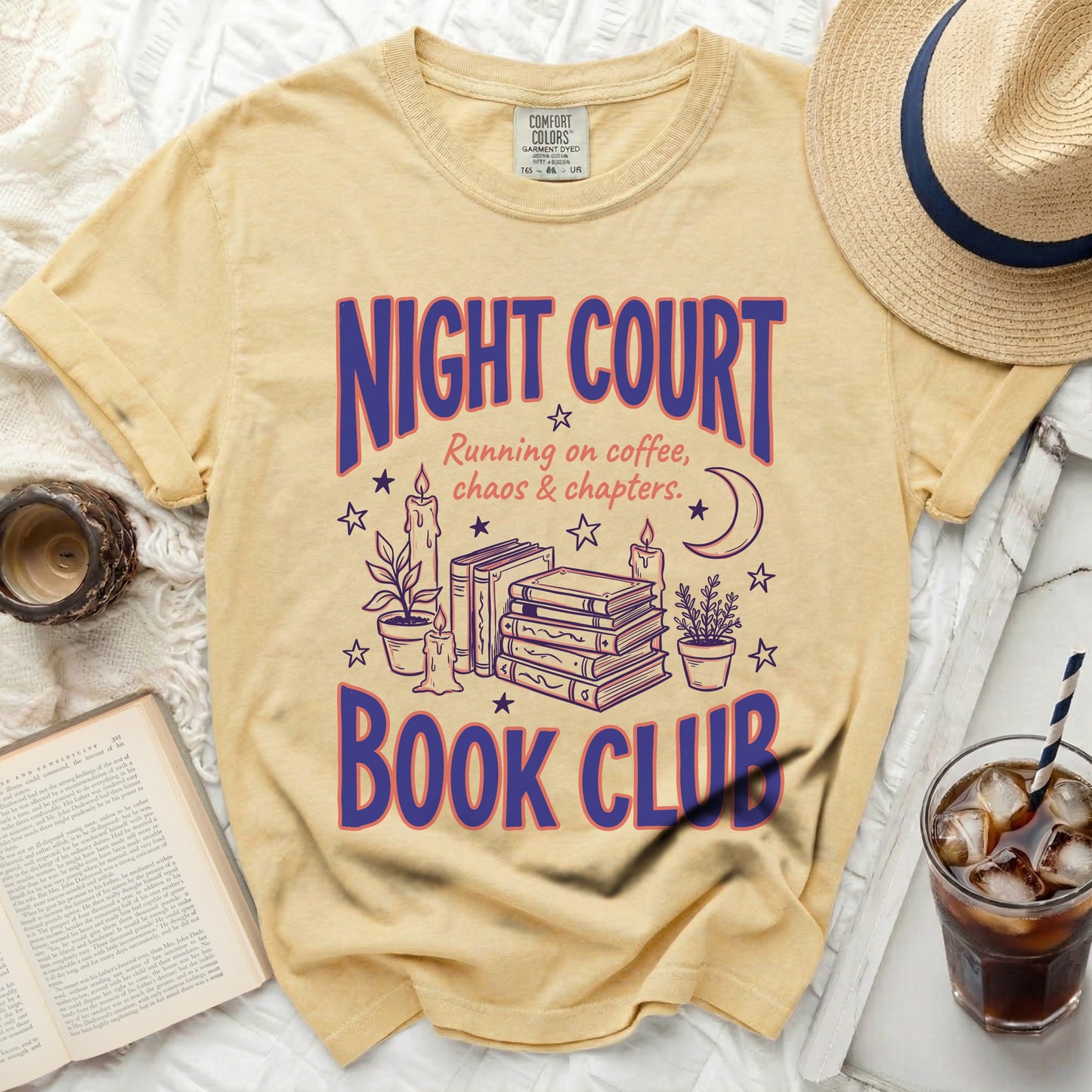 Yellow Comfort Colors t-shirt with "NIGHT COURT BOOK CLUB" and book graphics.