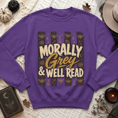 Purple sweatshirt with "Morally Grey & Well Read" text, surrounded by autumnal and spooky decor.