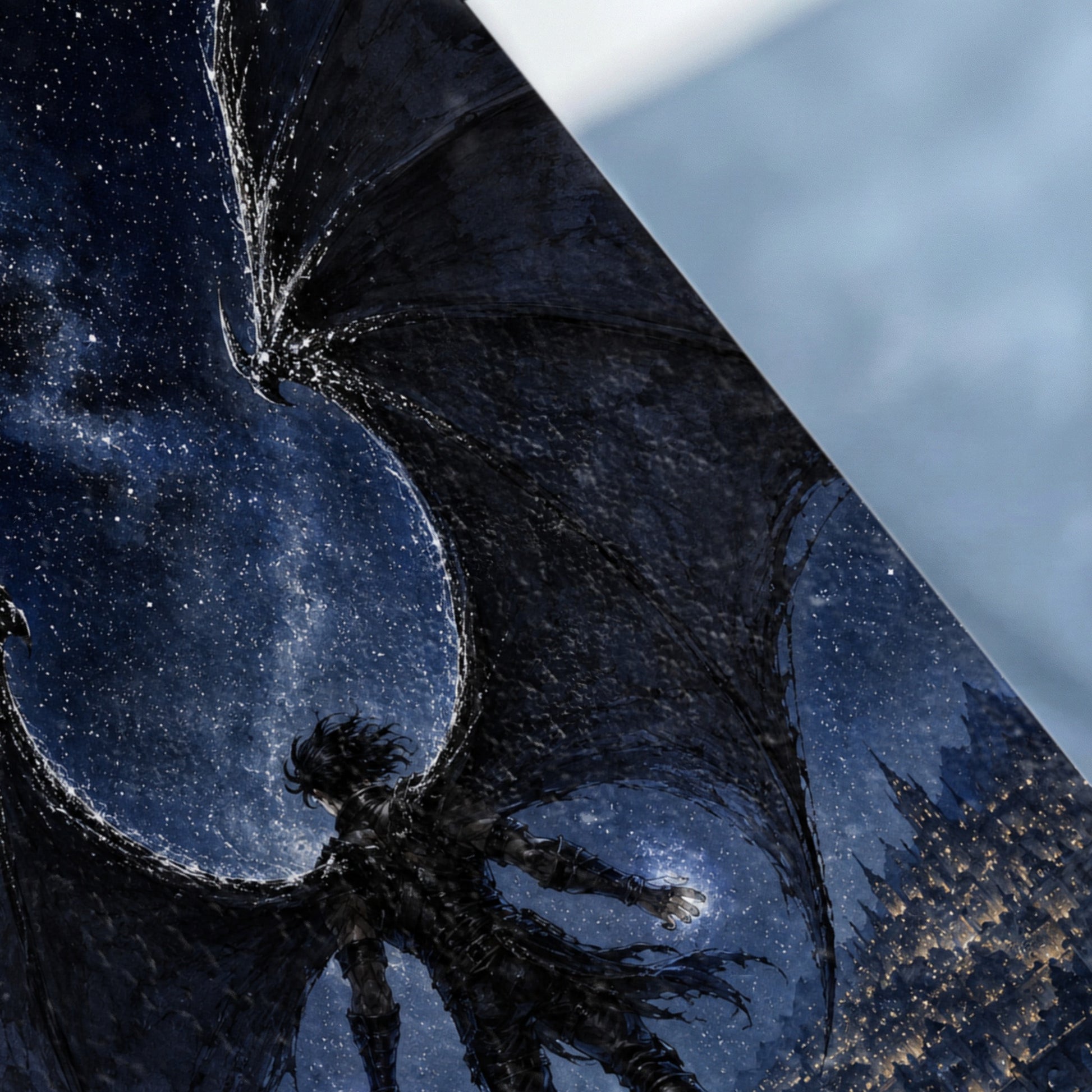 Dark winged figure with glowing hand over a starry sky and city lights.