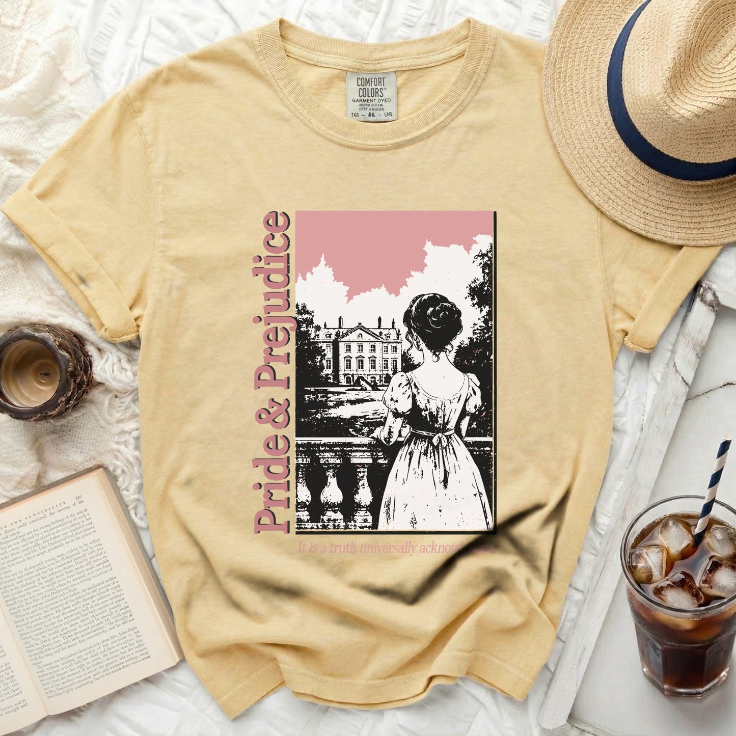 Yellow t-shirt with Pride & Prejudice book cover design.