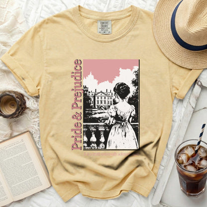 Yellow t-shirt with Pride & Prejudice book cover design.