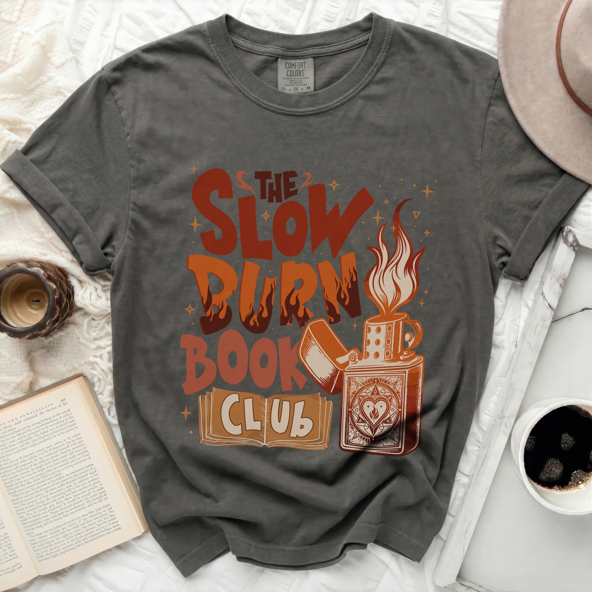The Slow Burn Book Club graphic tee with a lighter and books.