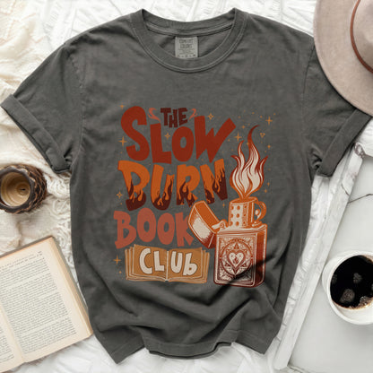 The Slow Burn Book Club graphic tee with a lighter and books.