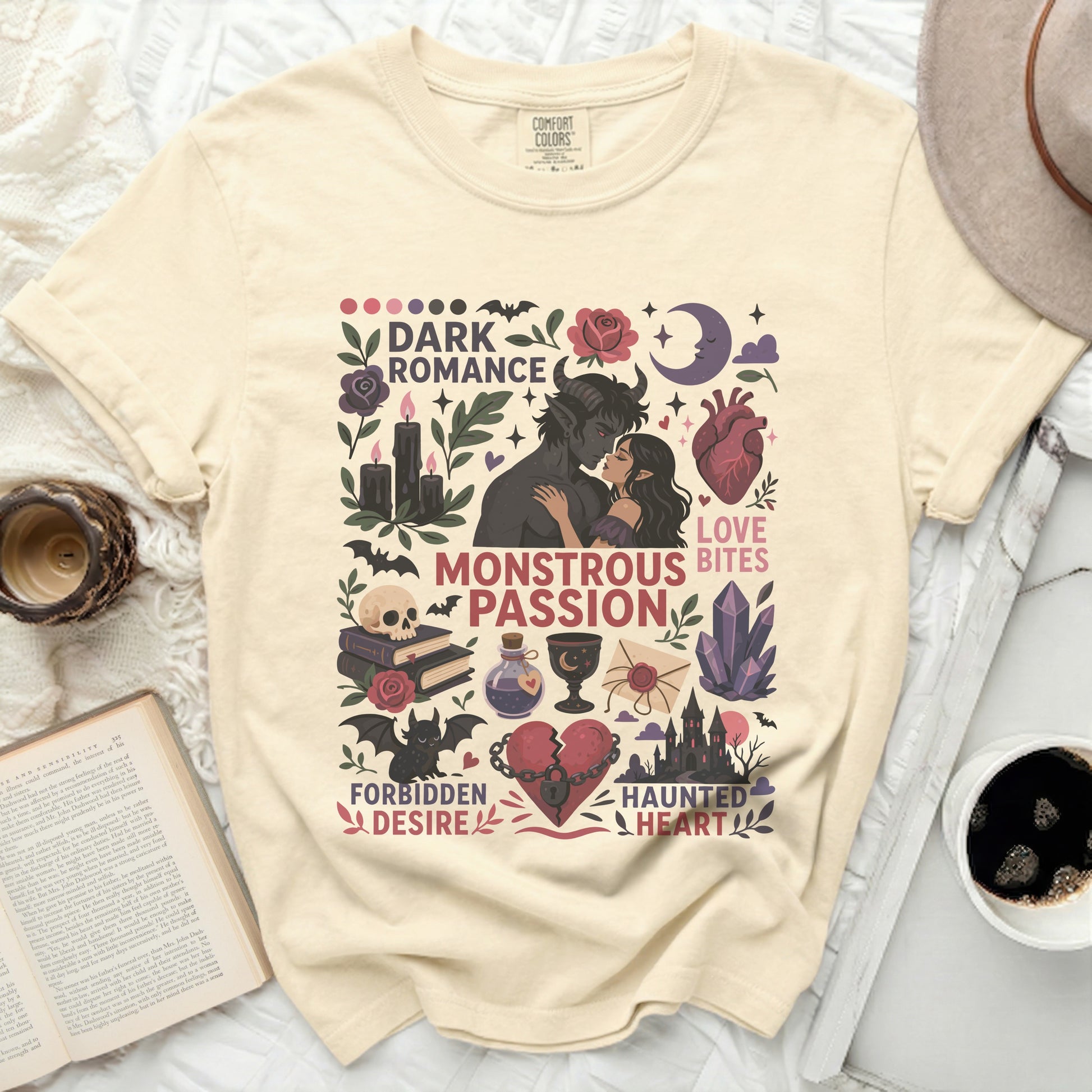 Dark Romance Monstrous Passion t-shirt with gothic heart and skull graphics.